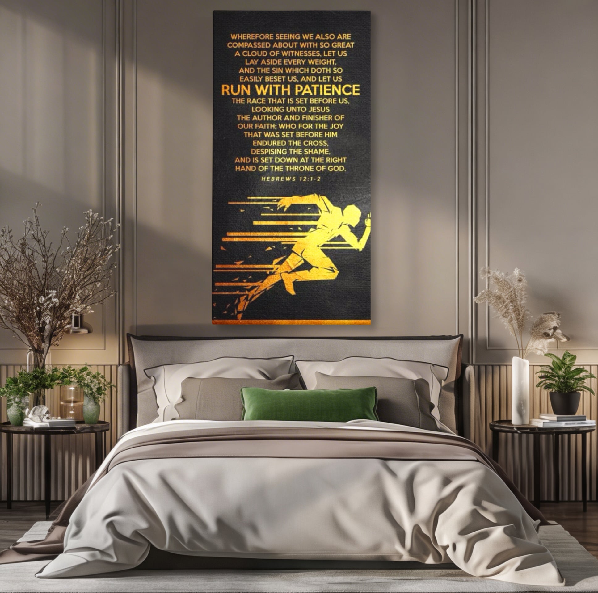 Tablou canvas cu tablou canvas cu alergator si verset biblic, fara rama, pe sasiu de lemn, pe perete intr-un dormitor